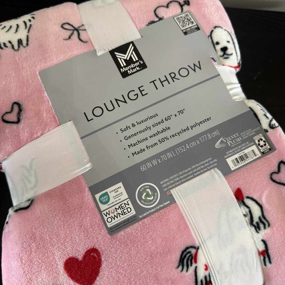 Members Mark Soft Cozy Pink‎ Dogs Hearts Lounge Throw Blanket 60x70 New